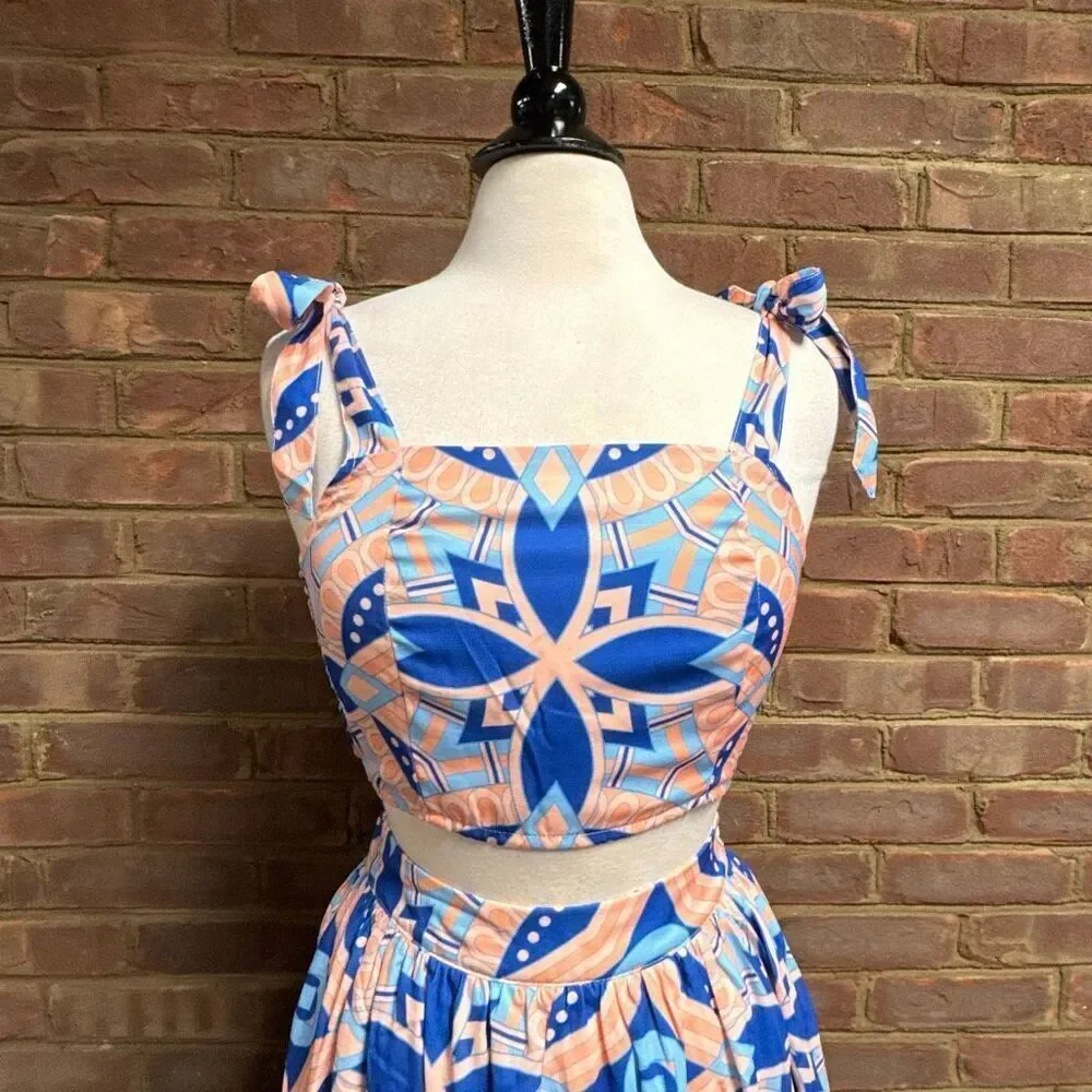 Alania Women’s Blue & Peach 2 Piece Crop Top & Maxi Skirt Sz S NEW